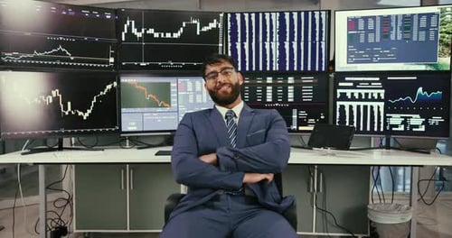 Confident, man and face with computer for stock market, financial fintech