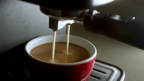 Pouring Coffee Stream From Machine in Cup