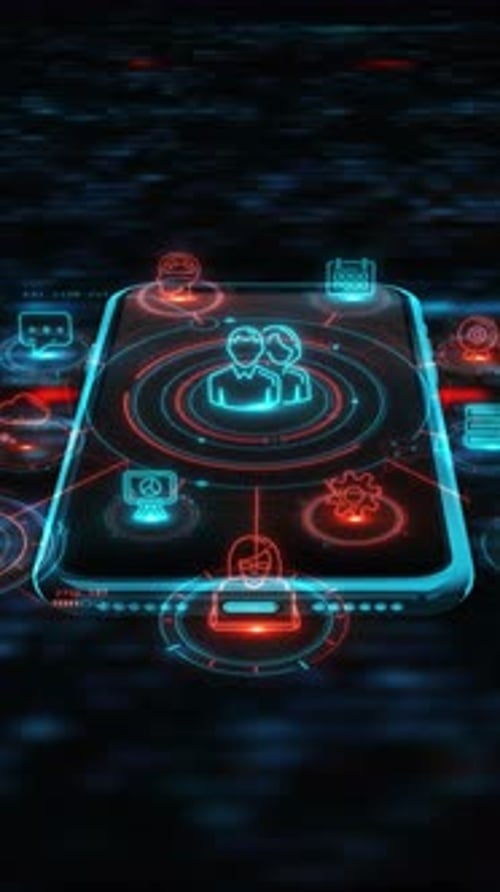 Futuristic Neon Icons Orbiting Digital Smartphone Interface