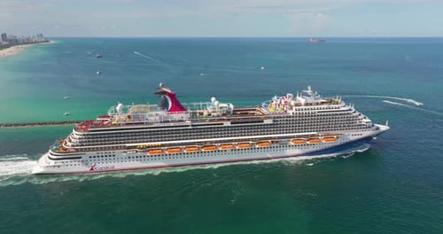Ocean Travel Destination Aerial View of Large Cruise Liner Departing From Miami Port Holiday