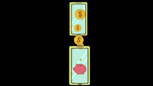 Monedas que caen de la pantalla superior del teléfono a una alcancía dentro del canal alfa inferior del teléfono