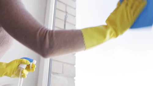 Woman cleaning window with spray and cloth indoors