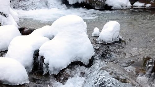River Stream at Winter Snow Forest in the Mountains