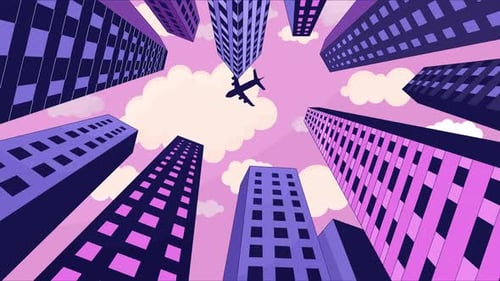 Avión volando sobre edificios de gran altura, fondo de dibujos animados de alta fidelidad
