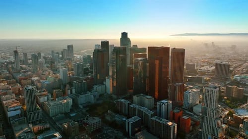 Distancing from the group of skyscrapers in the downtown of Los Angeles, California, USA.