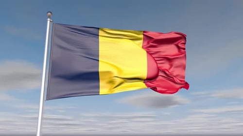 Animated Romanian National Flag Waving with Blue Sky