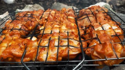 Faire rôtir de la viande fraîche et juteuse dans des charbons ardents sur un feu ouvert dans un panier à barbecue
