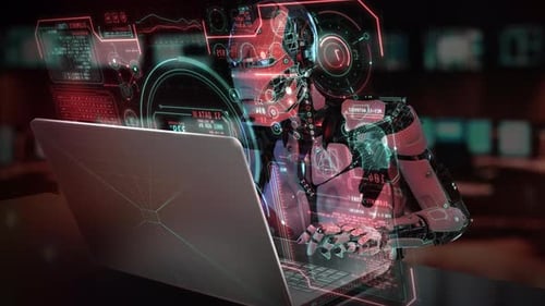Roboter mit Laptop mit holographischer Benutzeroberfläche und Datenanalysefunktionen