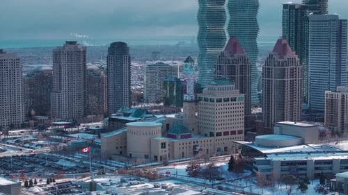 Aerial Winter View: Mississauga City Hall Urban Skyline, Ontario
