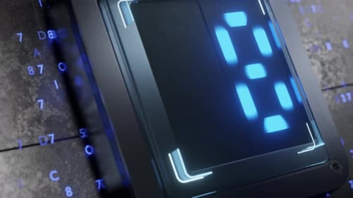 Le panneau futuriste à l'écran compte à rebours de 10 à 0. La caméra tourne autour de l'écran du