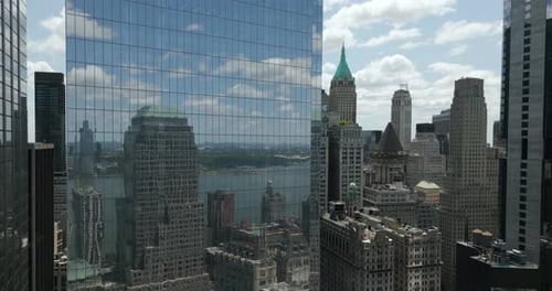 Manhattan reflection in a skyscraper, New York City, United States (drone shot)