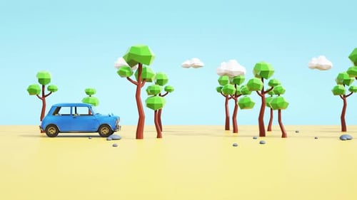 Low Poly Car Road Trip to a Camping and Picnic Scene