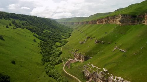Aerial View of Rolling Green Hills and Lush Forest in a Mountainous Region
