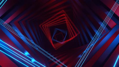 Red And Blue Movement Of Spiral Neons Through Square Tunnel Background Vj Loop In 4K