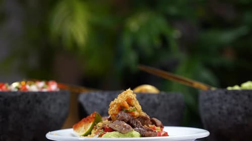 Delicious Steak and Guacamole Dish Presentation