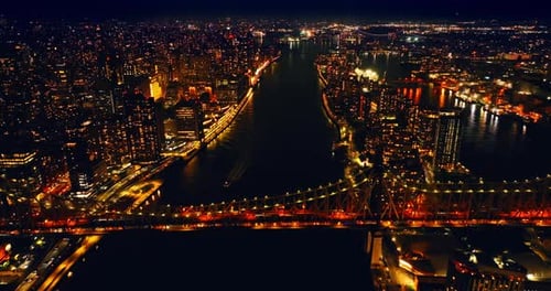 Footage along the Queensboro Bridge over the East River. Splendid panorama of New York, the USA