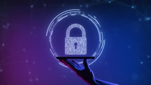 Security Hologram Virtual Hud Pin with Shield and Lock Concept of Finance Data Privacy and