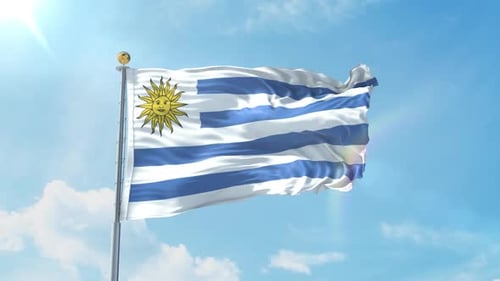Waving Flag of Uruguay Against a Bright Blue Sky