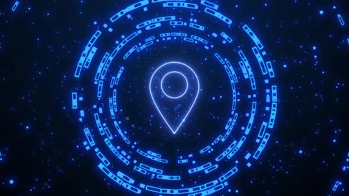 Glowing Blue Location Pin Icon With Digital Hud Animation On Dark Particle Background Global