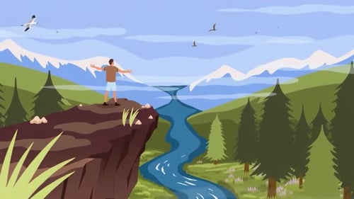 Man Standing on a Cliff with Open Arms in Mountain Valley, River, Hiker, Adventure - Snow Mountains
