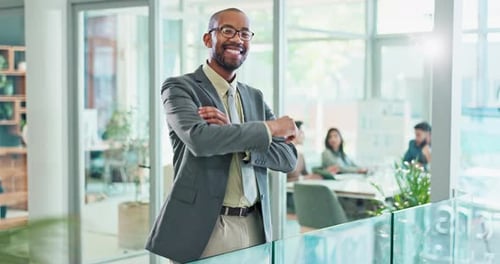 Arms crossed, smile and suit with business man in office for corporate or professional career