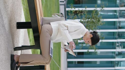 Student Taking Coffee Break From Online Studying Sitting Bench Vertical Oriented