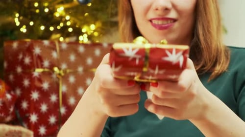 Smiling Woman Holding Out Christmas Gift