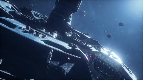 Futuristic Spaceship Cruising Through an Asteroid Field in Space