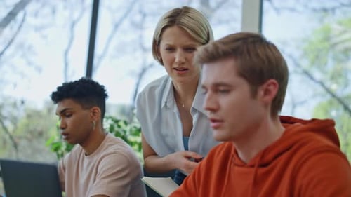 Corporate Supervisor Consulting Man Office Close Up Mentor Woman Giving Advices