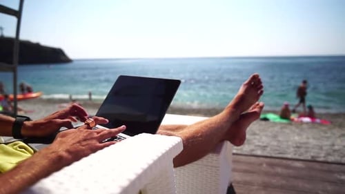 Man Laptop Sea Working Remotely on Seashore Happy Successful Man Male Freelancer Working on Laptop