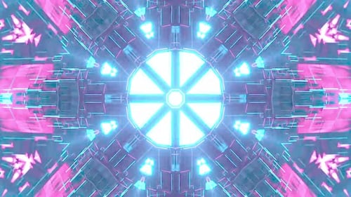 Glowing blue circle with pink accents pulses brightly