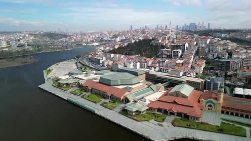 Istanbul Halic Congress Center and Golden Horn Channel fly upwards shot