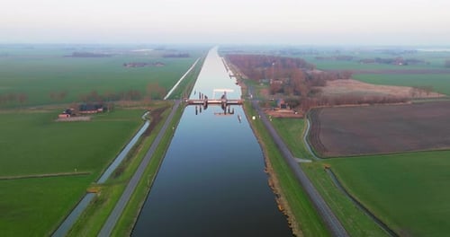 Aerial view of canal Eemskanaal and bridge, Groningen, The Netherlands.