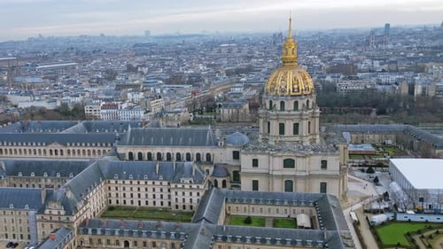 Hotel des Invalides complex, Paris cityscape, France. Aerial drone view