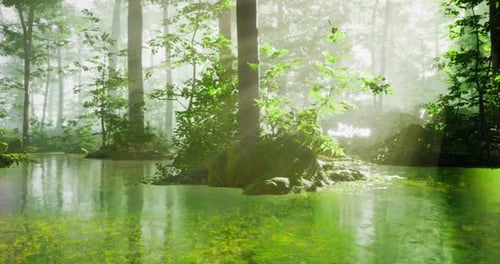 Lush Forest Landscape with Serene Water Reflections in the Daylight