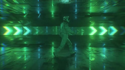 Astronaut Walks Through Futuristic Digital Tunnel with Neon Arrows