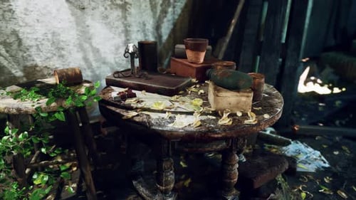 Slow Pan Over Rustic Tables with Greenery in Abandoned Room