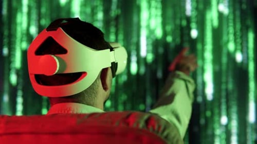 Back View of Man with Vr Glass Tap to Futuristic Screen Metaverse Virtual Reality