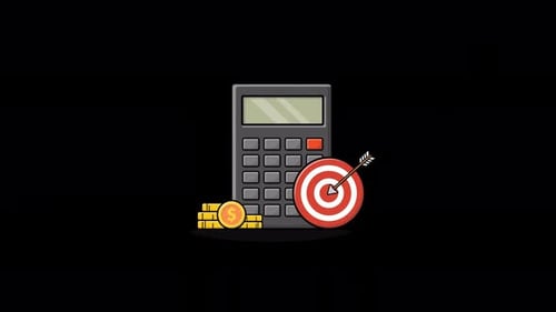 Animated Calculator with Goal Arrow and Coin Stack. Financial Goal Concept Video - Transparent