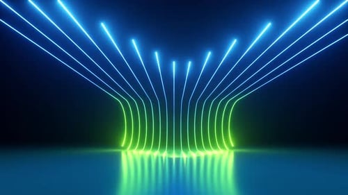 Abstract animated background of green blue neon glowing lines slide up