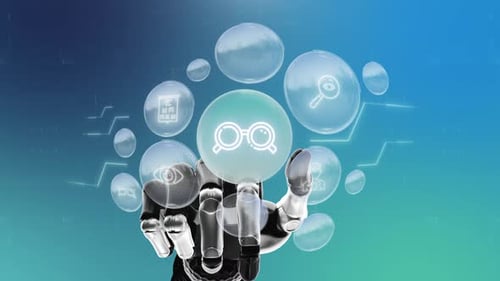 Robotic Hand Interacting with Futuristic Medical Eye Icons