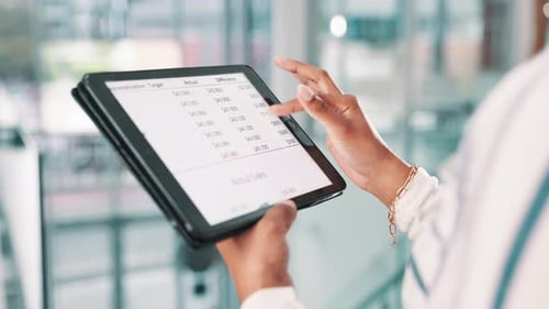 Hands, tablet and screen with accounting, report and statistics of company for data analysis