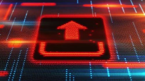 Upload Icon Emerging From Digital Code Stream on Computer Screen