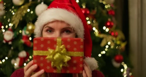 Woman in Santa Hat Holding Christmas Gift
