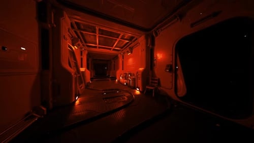 Flickering Emergency Lights Cast Shadows in Tense Corridor Environment