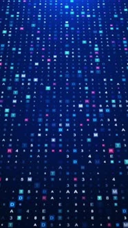 Digital data network animation depicting binary code data processing. Digits, lines AI Big Data Fusi