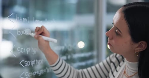 Business woman, glass wall and notes for planning project, scripting language and strategy info