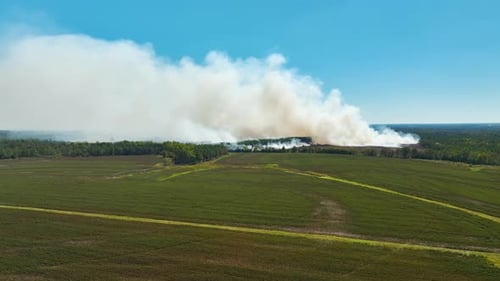 Aerial View of White Smoke From Forest Fire Rising Up Polluting Atmosphere