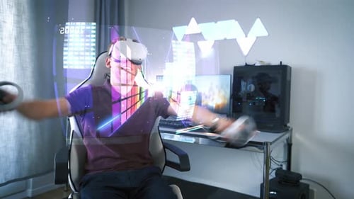 Young Man Playing Virtual Reality Game at Home