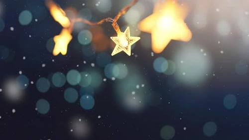 Christmas stars lights with falling snow, snowflakes, Winter and new year holidays